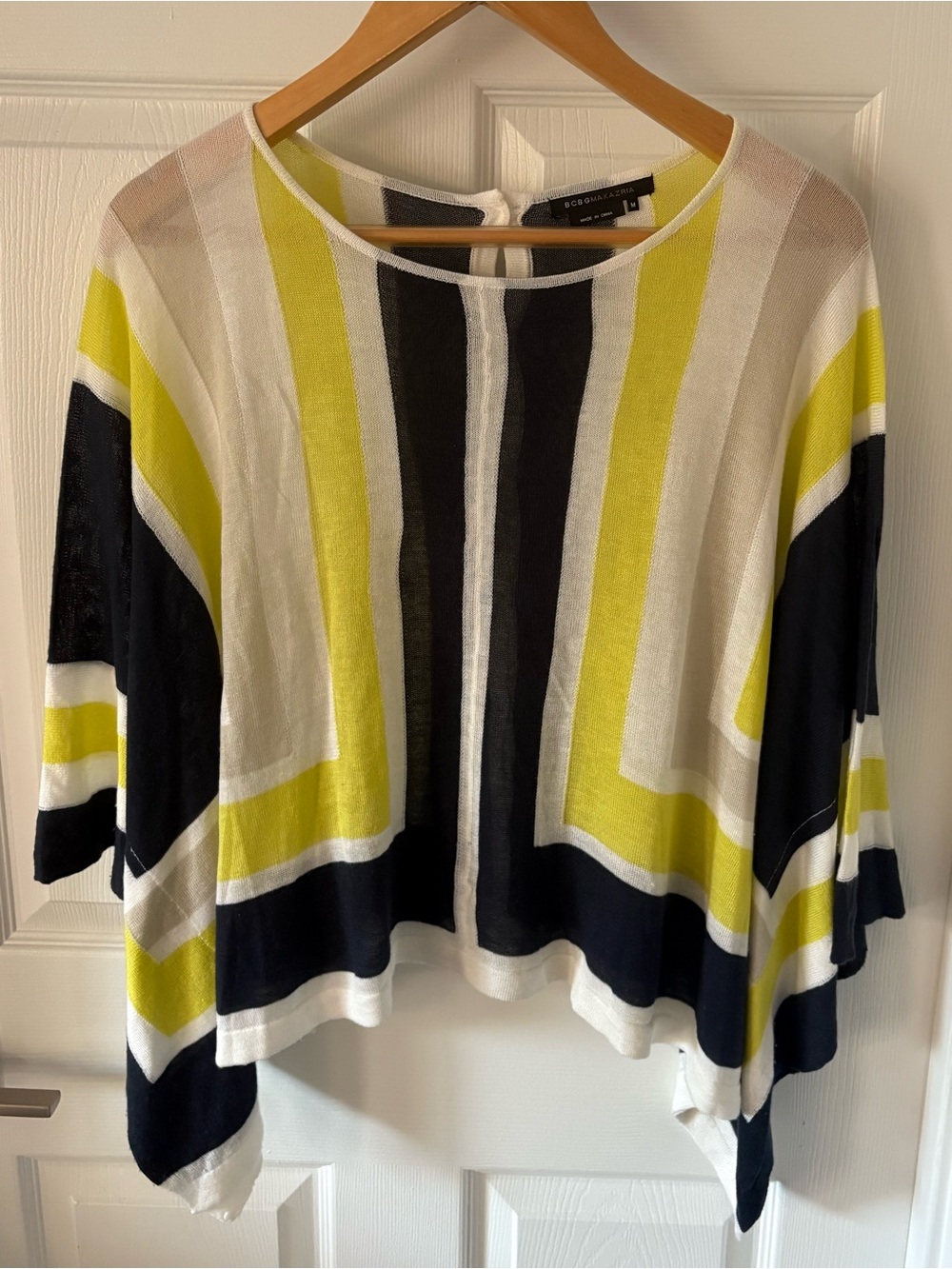 BCBGMaxAzria Black, Yellow & White Geometric Stripe Poncho Sweater Size M
